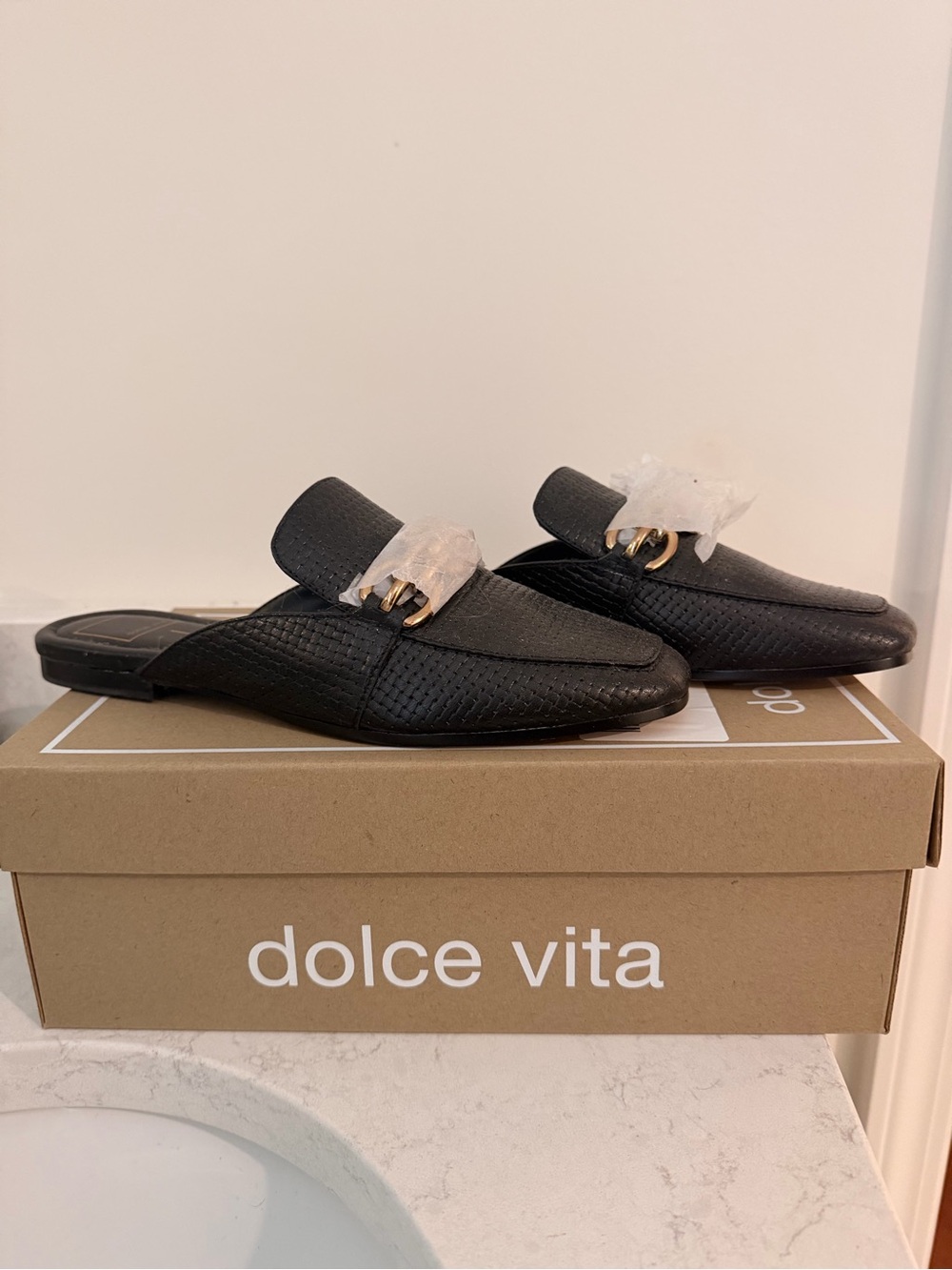 Dolce Vita Black Textured Leather Backless Mules with Gold Accent